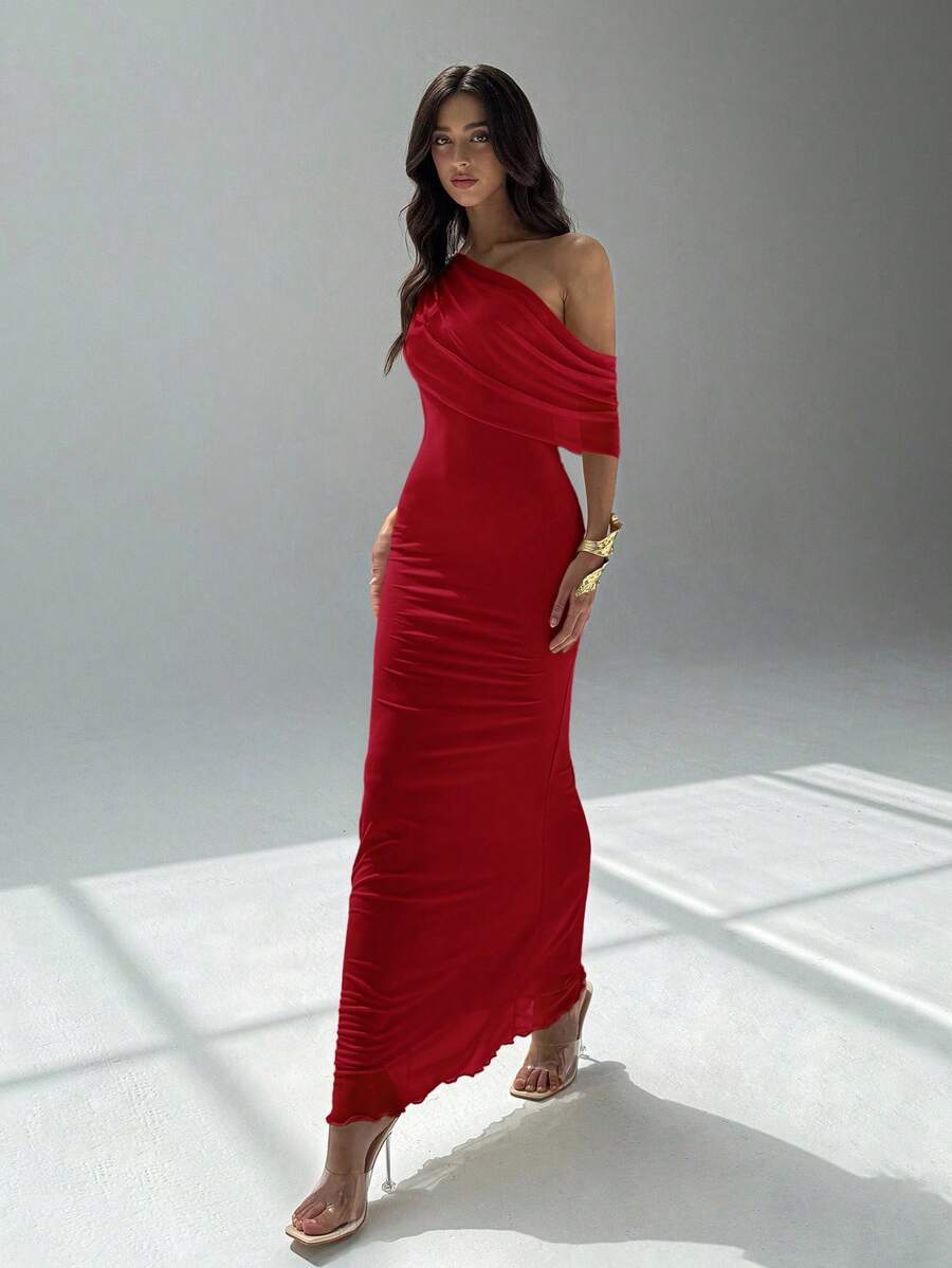 NOIREL - Asymmetric One Shoulder Bodycon Maxi Dress