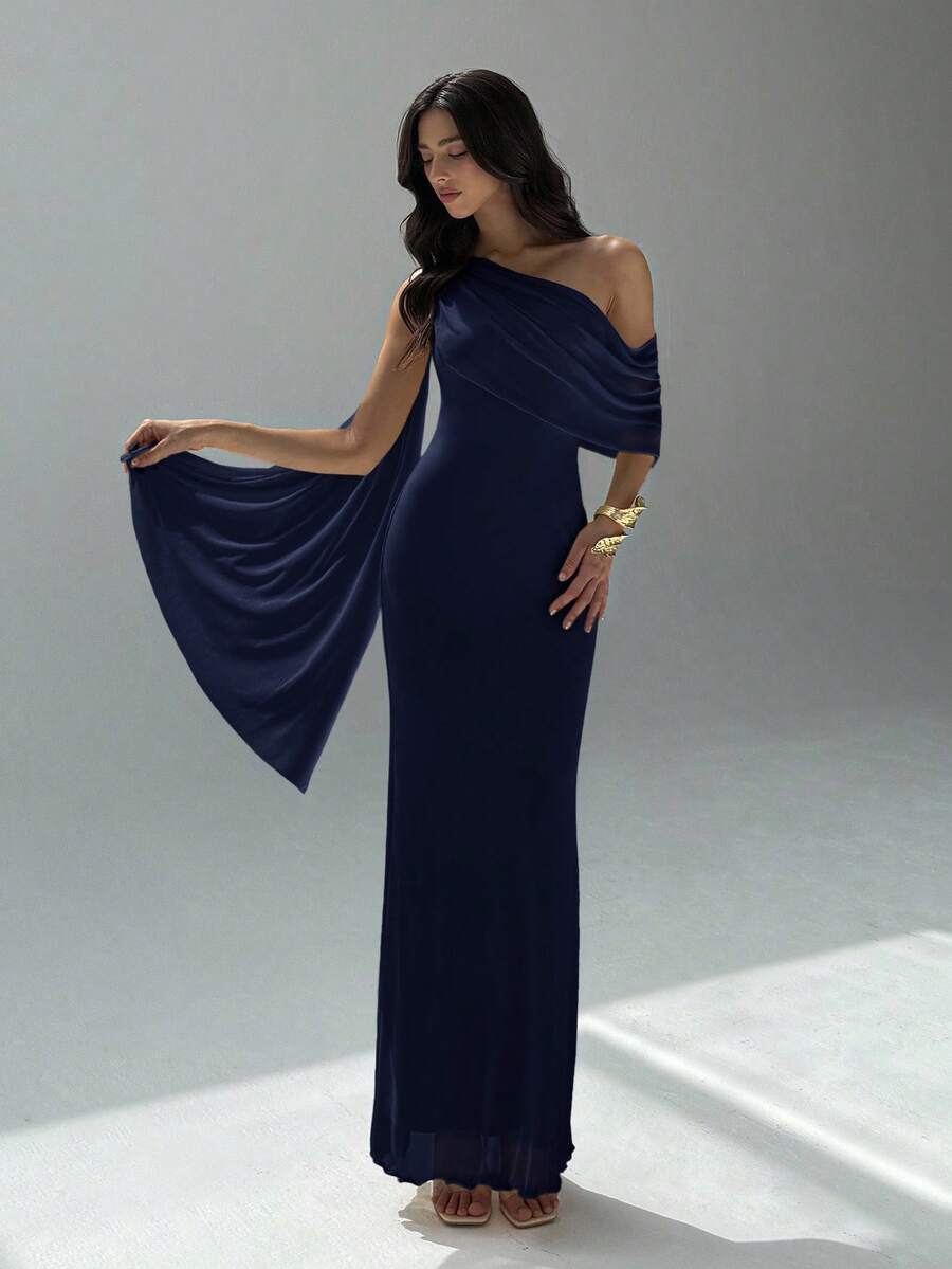 NOIREL - Asymmetric One Shoulder Bodycon Maxi Dress Navy Blue