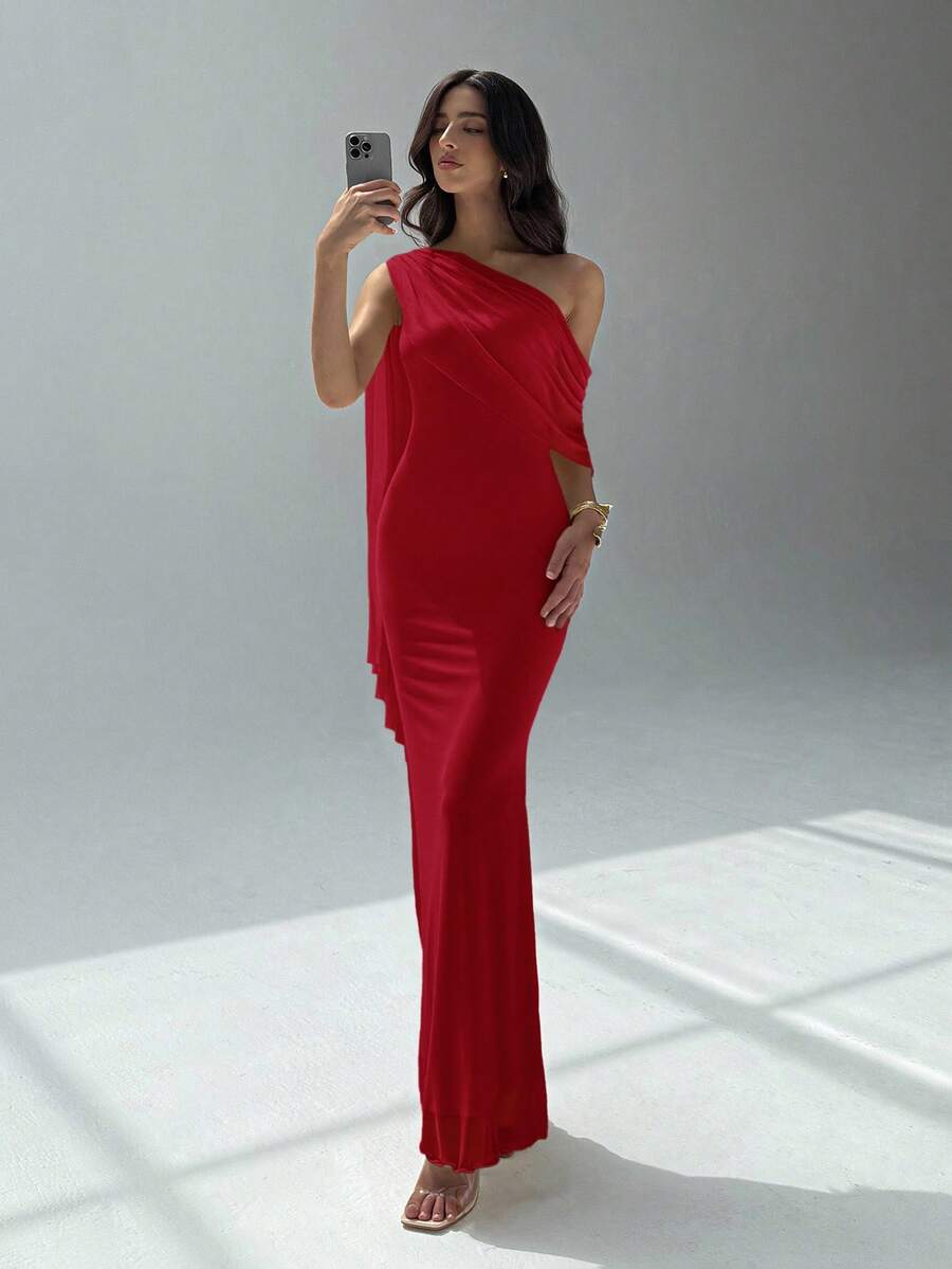 NOIREL - Asymmetric One Shoulder Bodycon Maxi Dress
