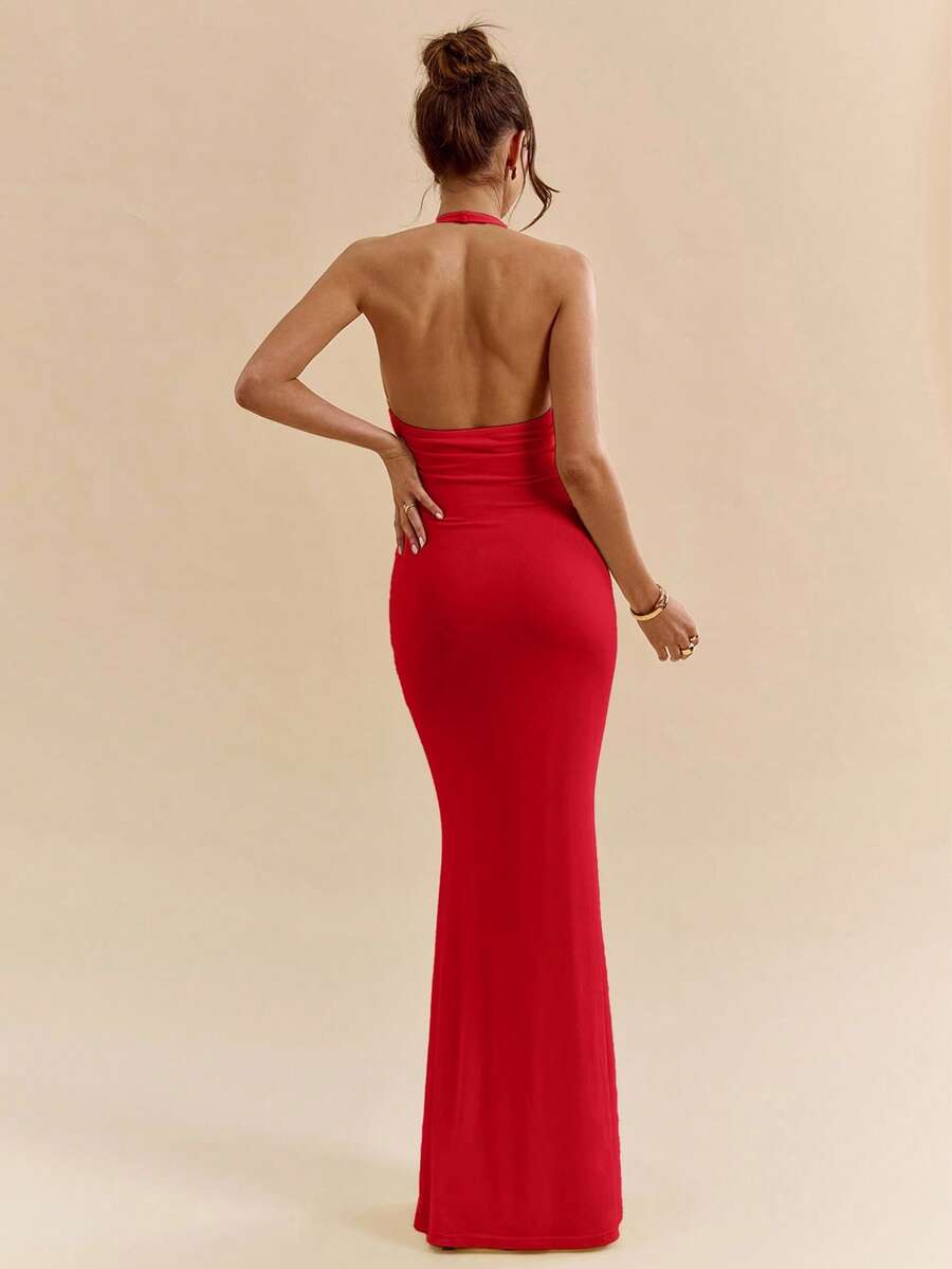 LUMÉA - Deep V Neck Halter Bodycon Maxi Dress