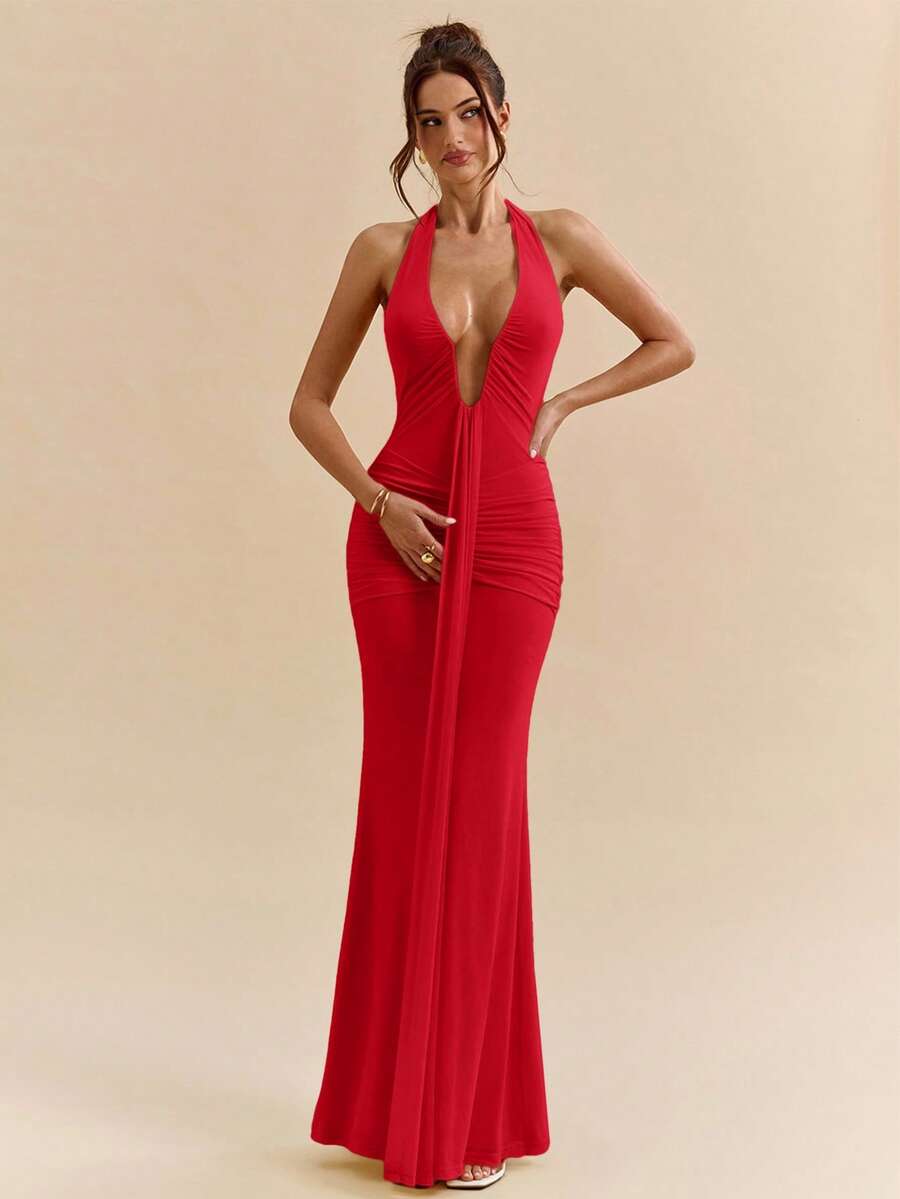LUMÉA - Deep V Neck Halter Bodycon Maxi Dress