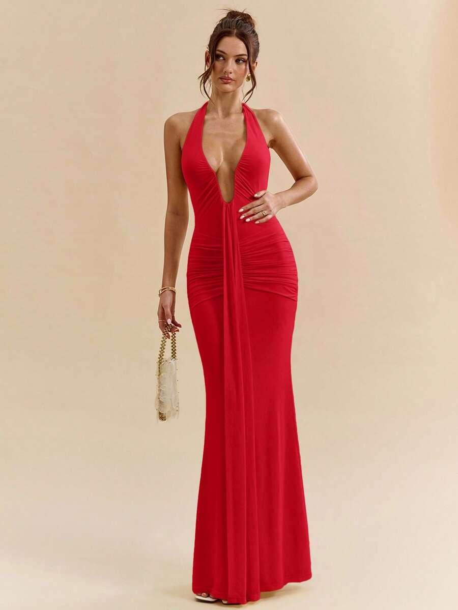 LUMÉA - Deep V Neck Halter Bodycon Maxi Dress