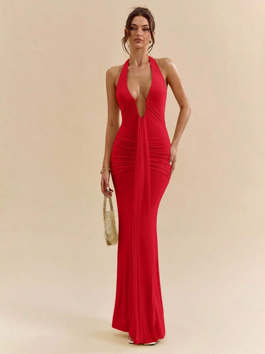 LUMÉA - Deep V Neck Halter Bodycon Maxi Dress