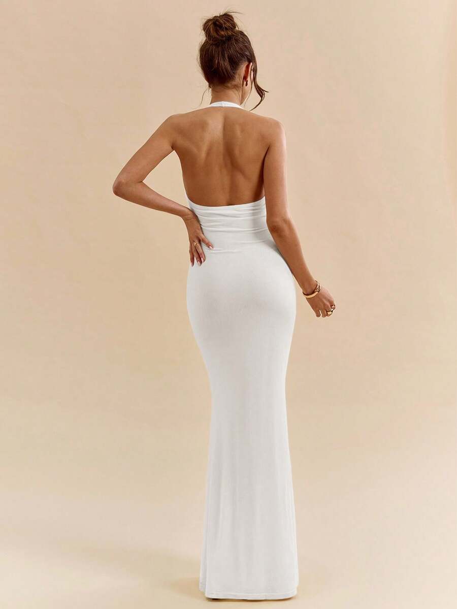 LUMÉA - Deep V Neck Halter Bodycon Maxi Dress