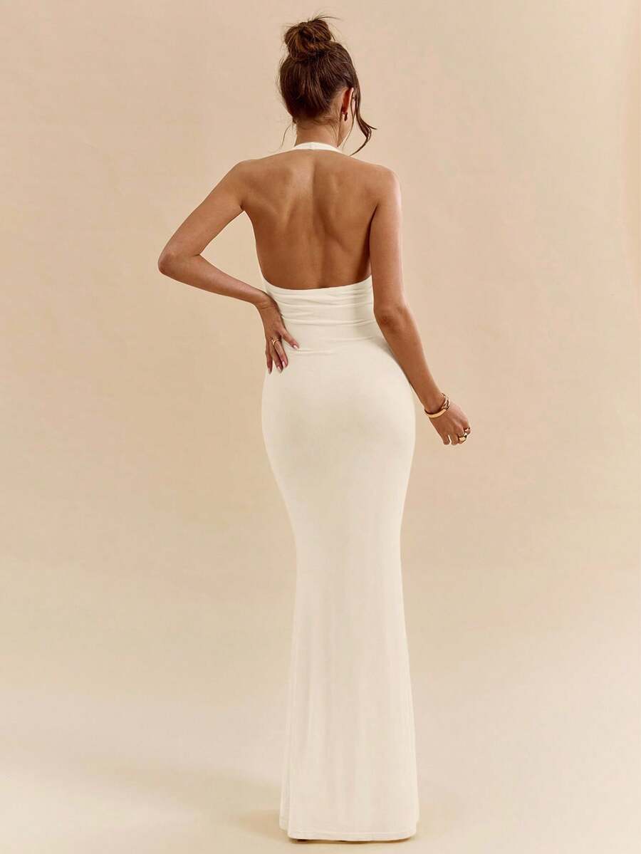 LUMÉA - Deep V Neck Halter Bodycon Maxi Dress