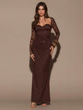 VELUNE - Sweetheart Neck Lace Bodycon Maxi Dress Brown