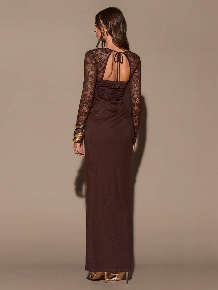 VELUNE - Sweetheart Neck Lace Bodycon Maxi Dress