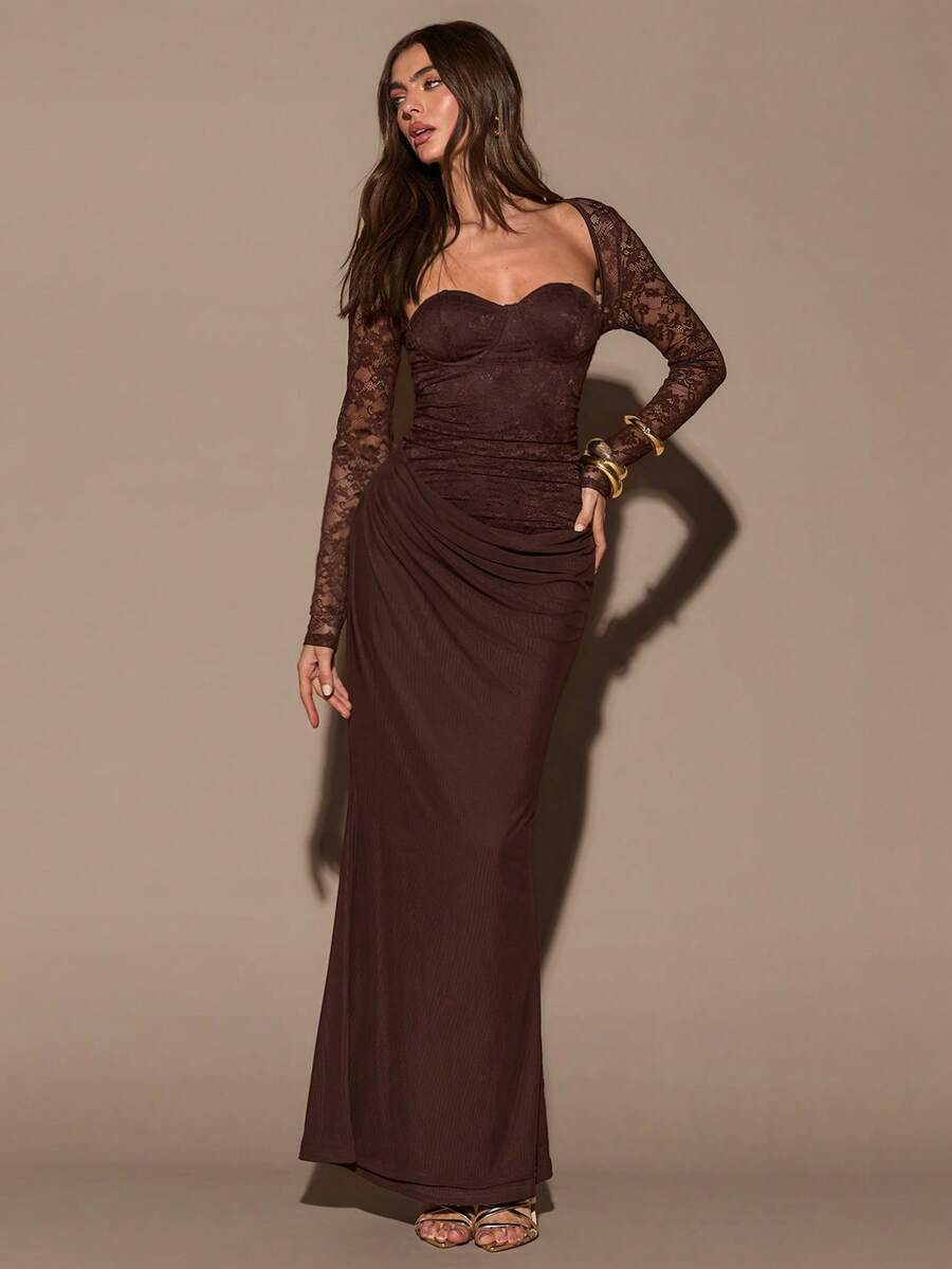 VELUNE - Sweetheart Neck Lace Bodycon Maxi Dress