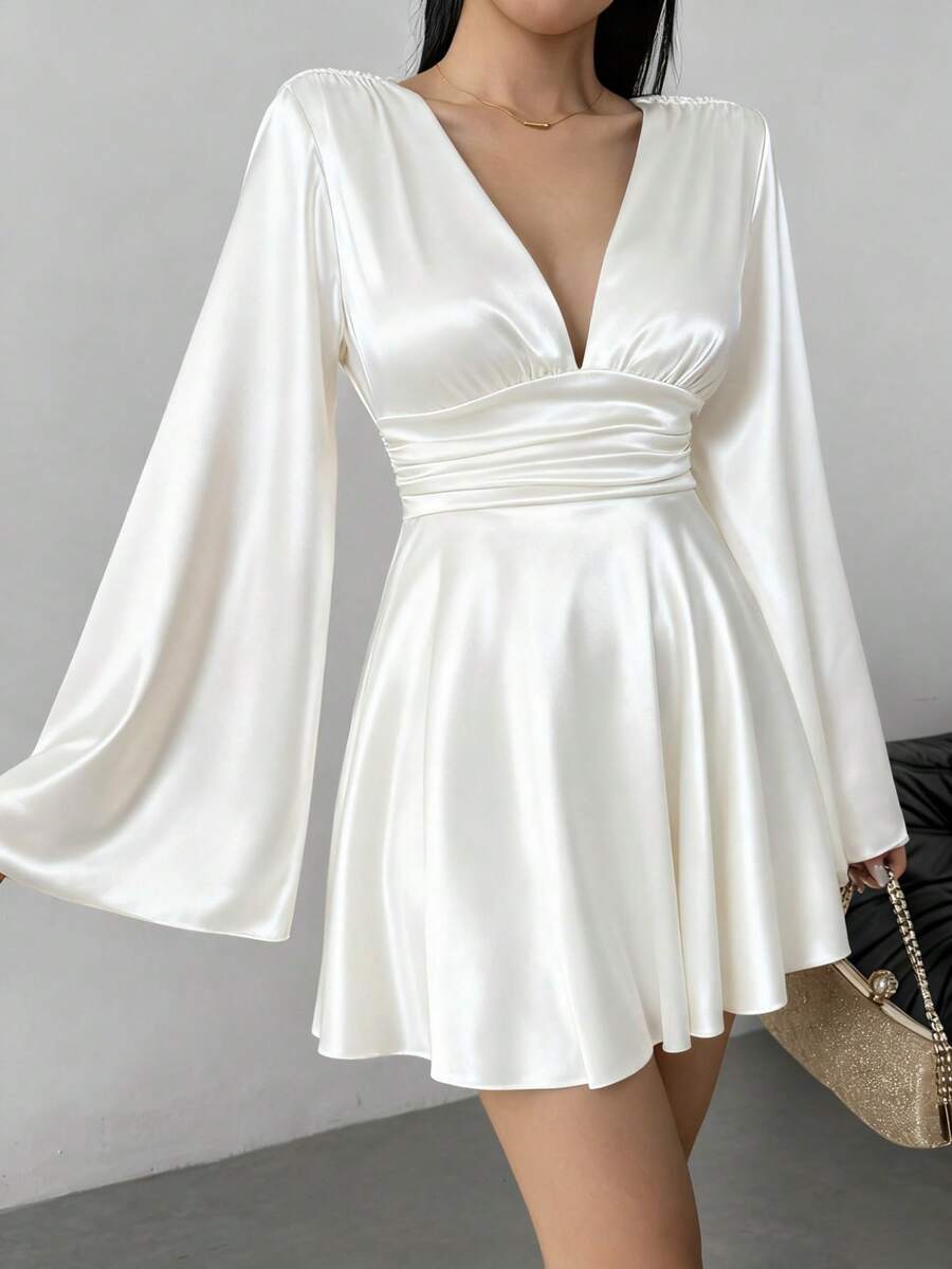 VENULA - Long Sleeve Deep V Neck Mini Dress