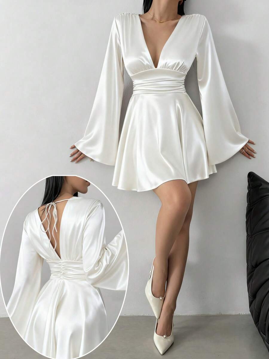 VENULA - Long Sleeve Deep V Neck Mini Dress