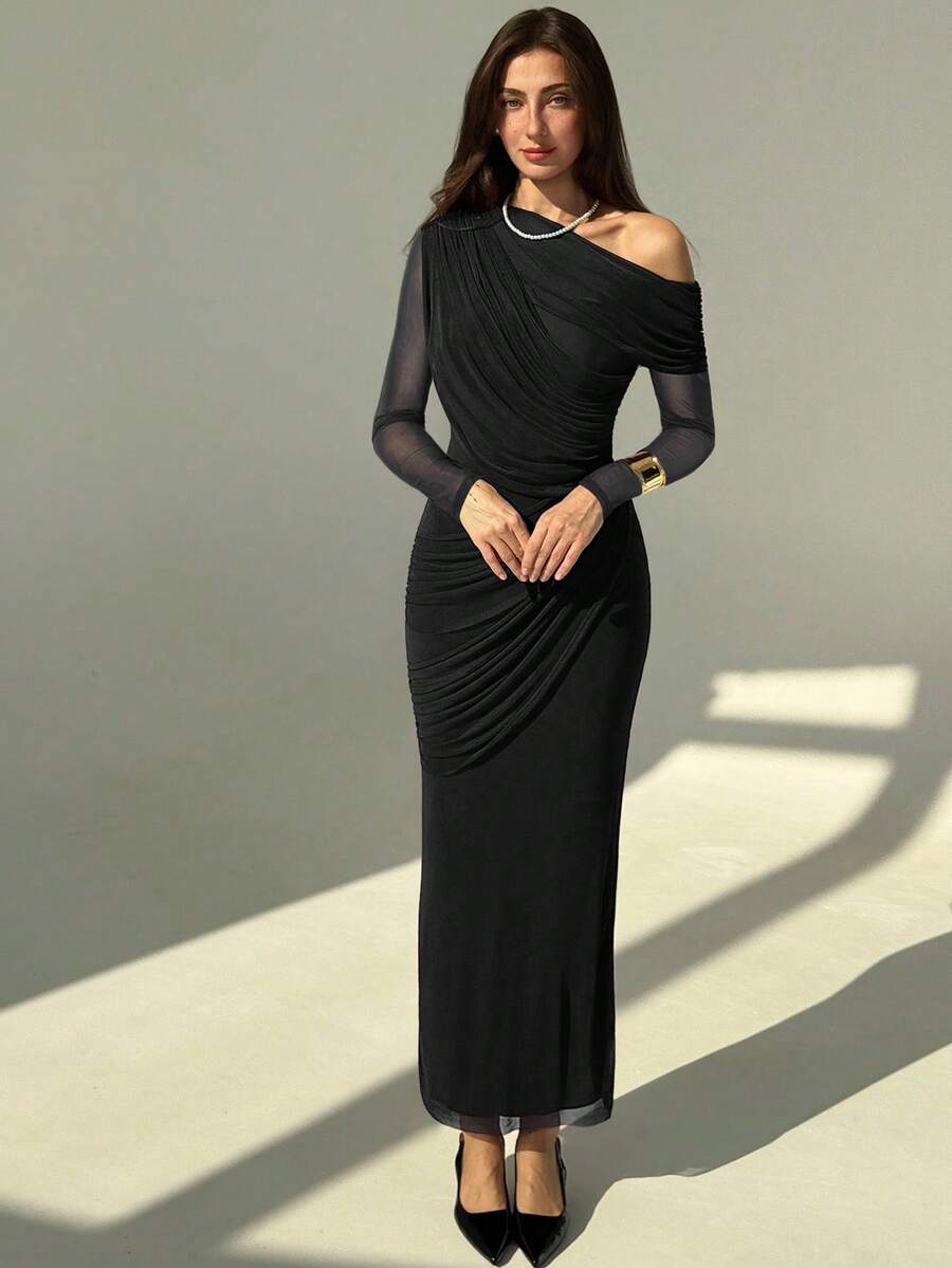 OLVRA - One Shoulder Ruched Mesh Bodycon Maxi Dress