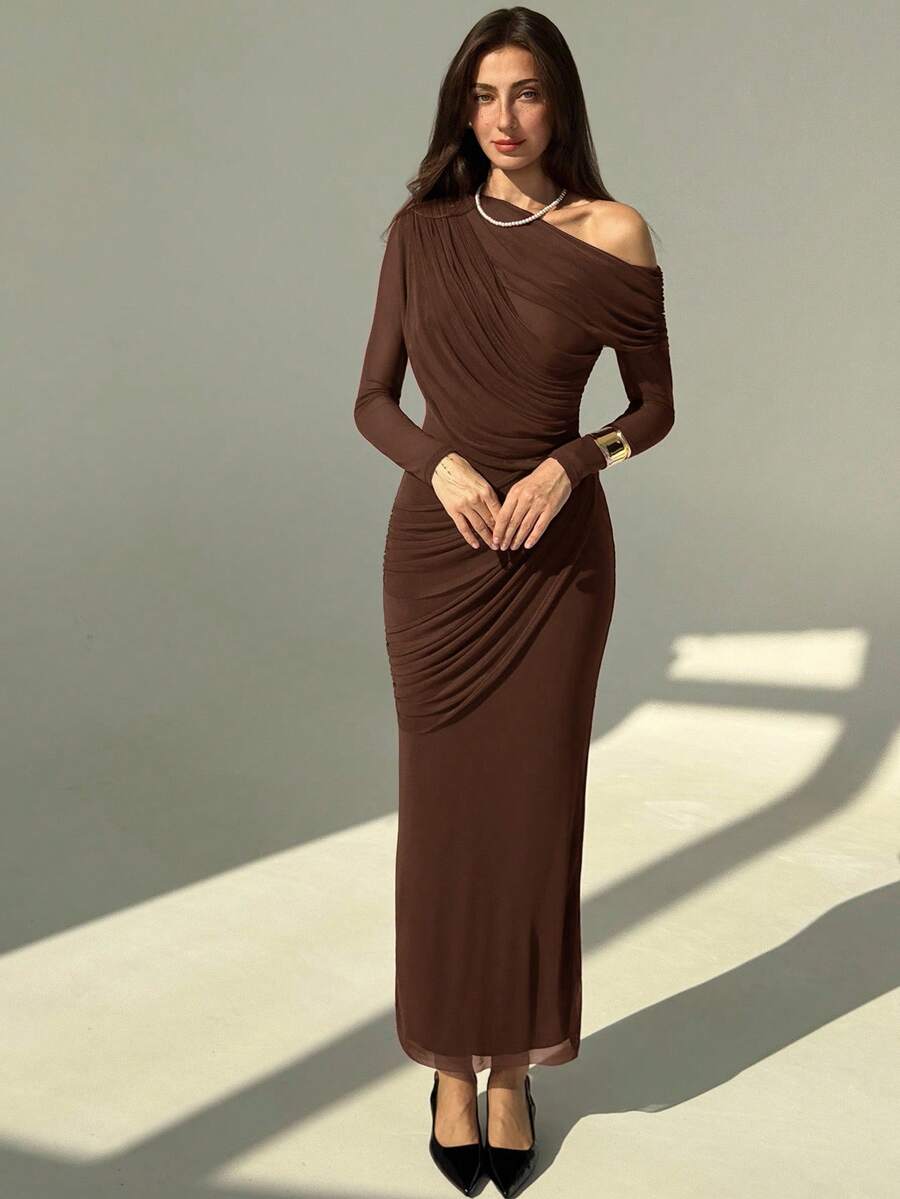 OLVRA - One Shoulder Ruched Mesh Bodycon Maxi Dress