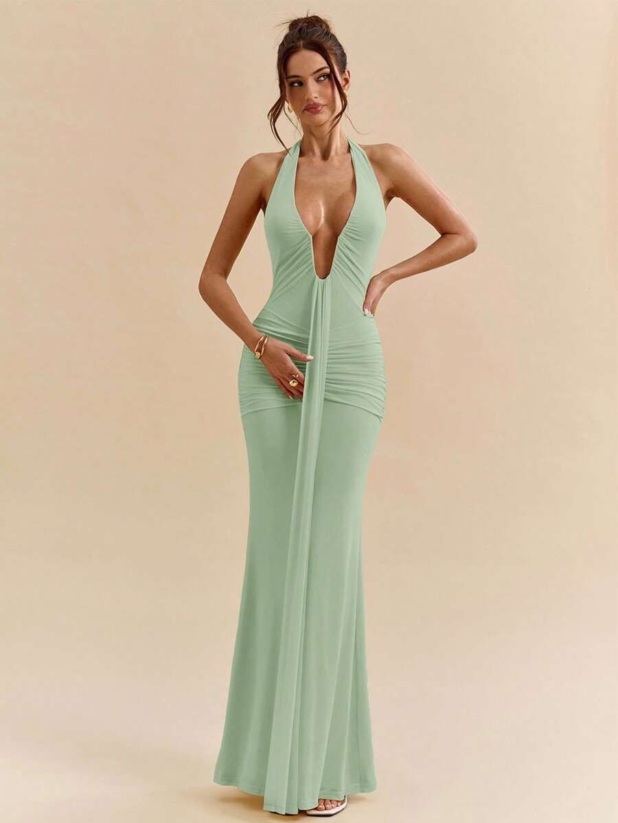 LUMÉA - Deep V Neck Halter Bodycon Maxi Dress