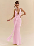 LUMÉA - Deep V Neck Halter Bodycon Maxi Dress Coral Pink