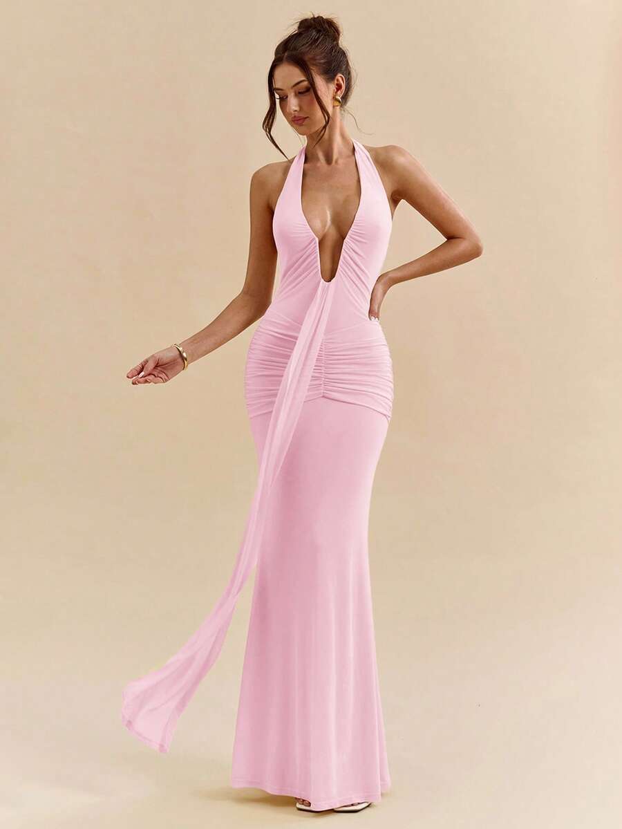 LUMÉA - Deep V Neck Halter Bodycon Maxi Dress Coral Pink