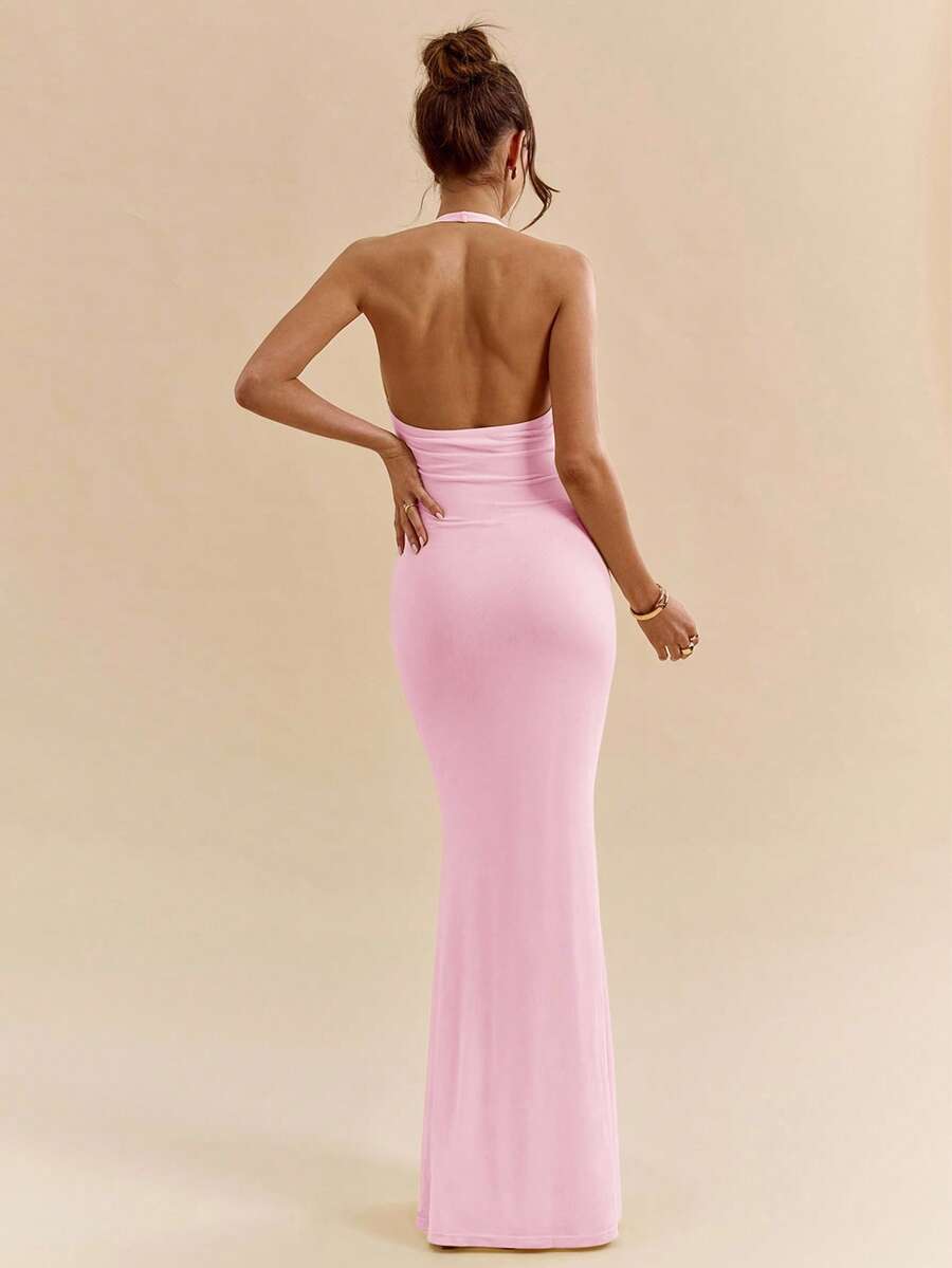 LUMÉA - Deep V Neck Halter Bodycon Maxi Dress