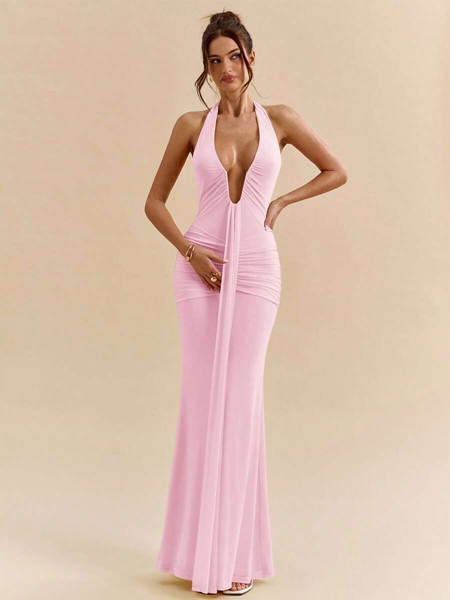 LUMÉA - Deep V Neck Halter Bodycon Maxi Dress