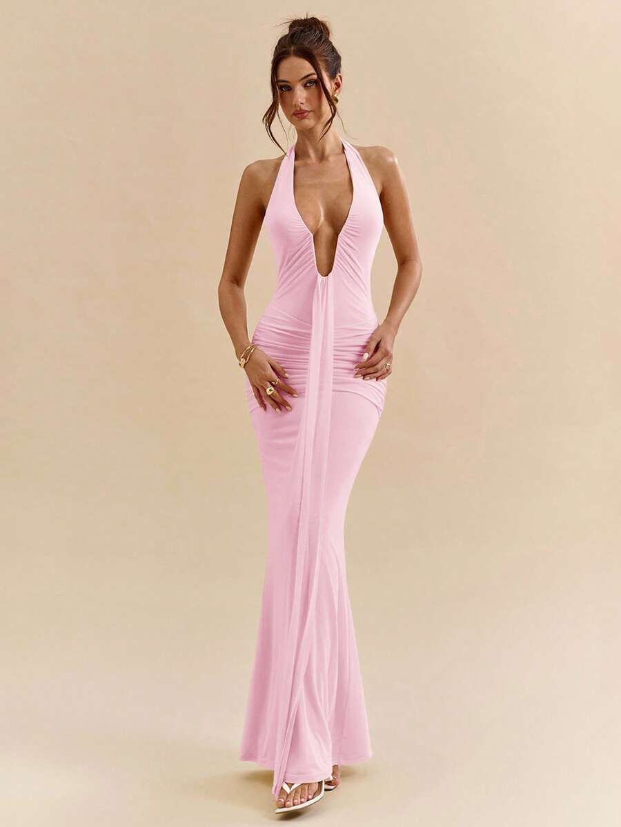 LUMÉA - Deep V Neck Halter Bodycon Maxi Dress