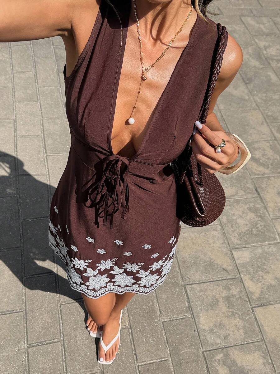 Serisse – Embroidered Deep V-Neck Mini Dress