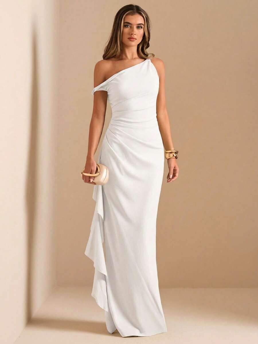 ROUELLE - One Shoulder Ruched Maxi Dress White