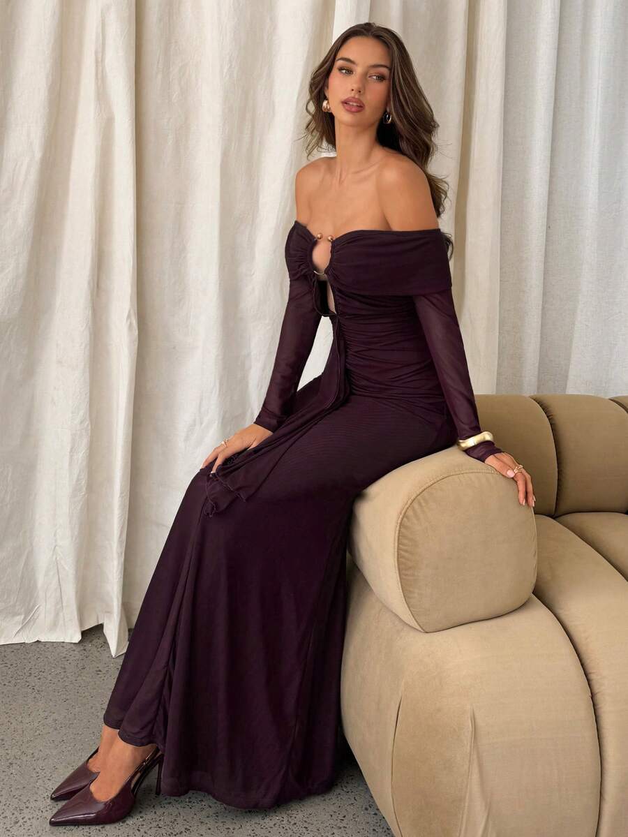 ROUVEL - Off Shoulder Ruched Bodycon Maxi Dress