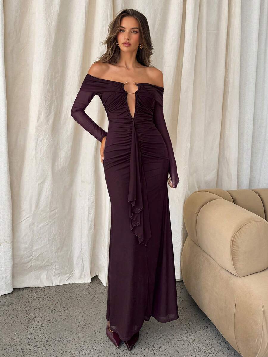 ROUVEL - Off Shoulder Ruched Bodycon Maxi Dress