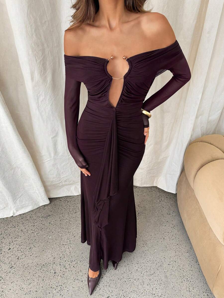 ROUVEL - Off Shoulder Ruched Bodycon Maxi Dress