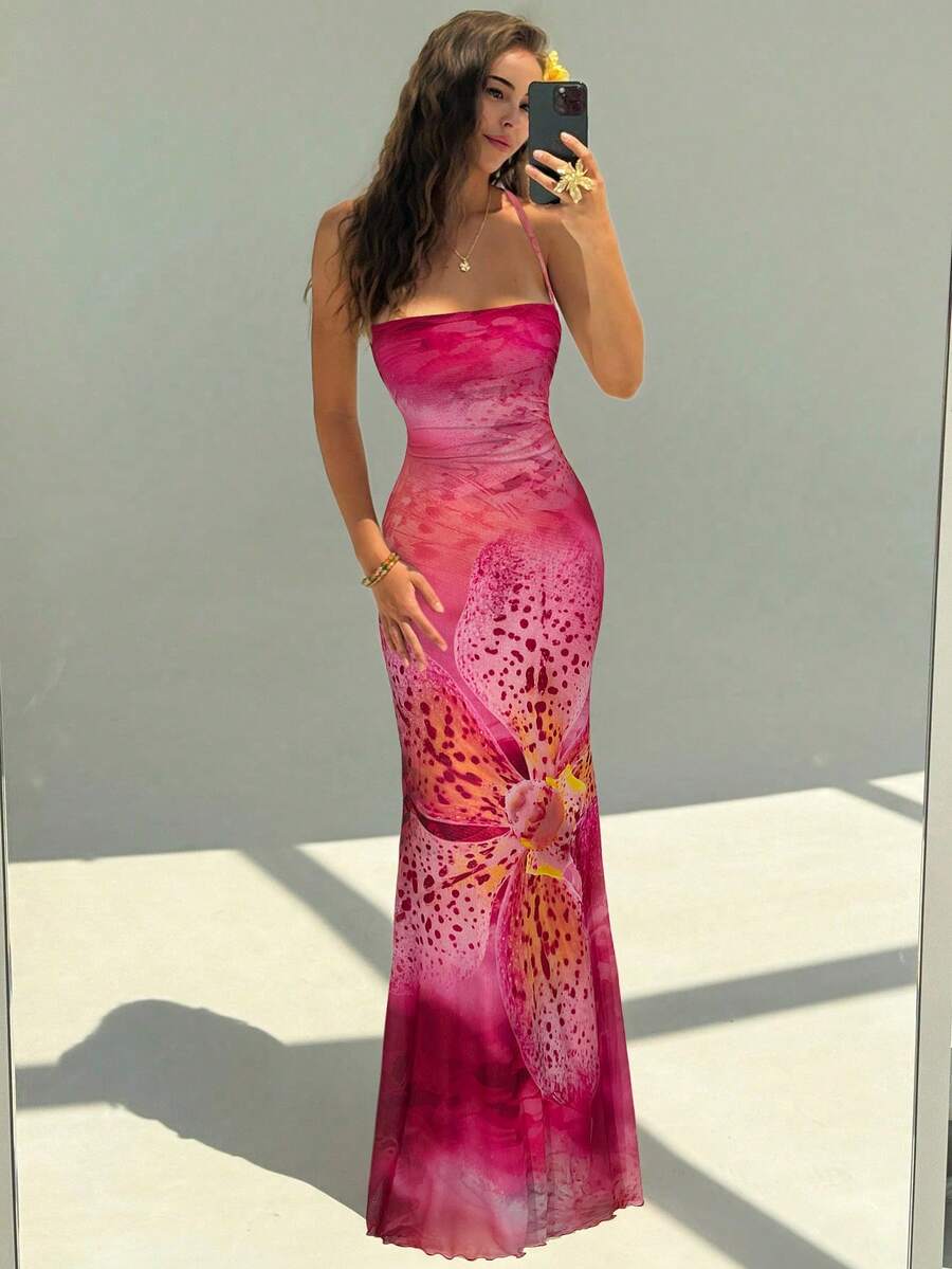 FLORINA - Floral Print Backless Cami Midi Dress