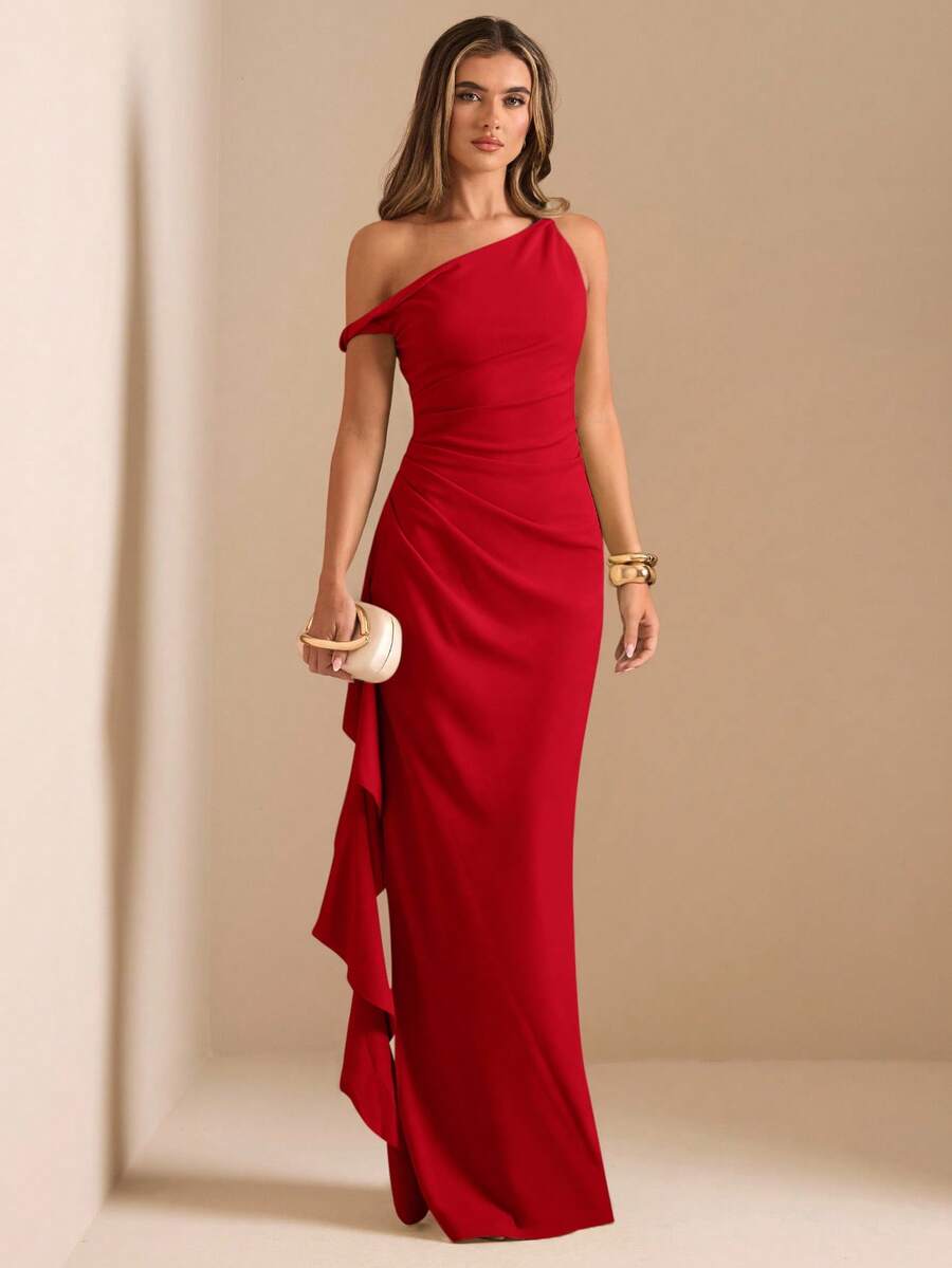 ROUELLE - One Shoulder Ruched Maxi Dress Red