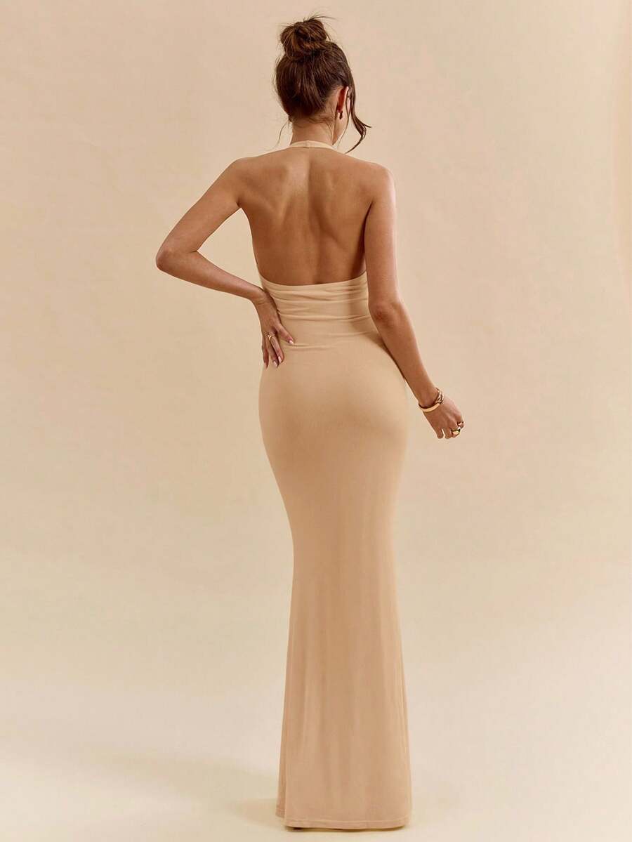 LUMÉA - Deep V Neck Halter Bodycon Maxi Dress