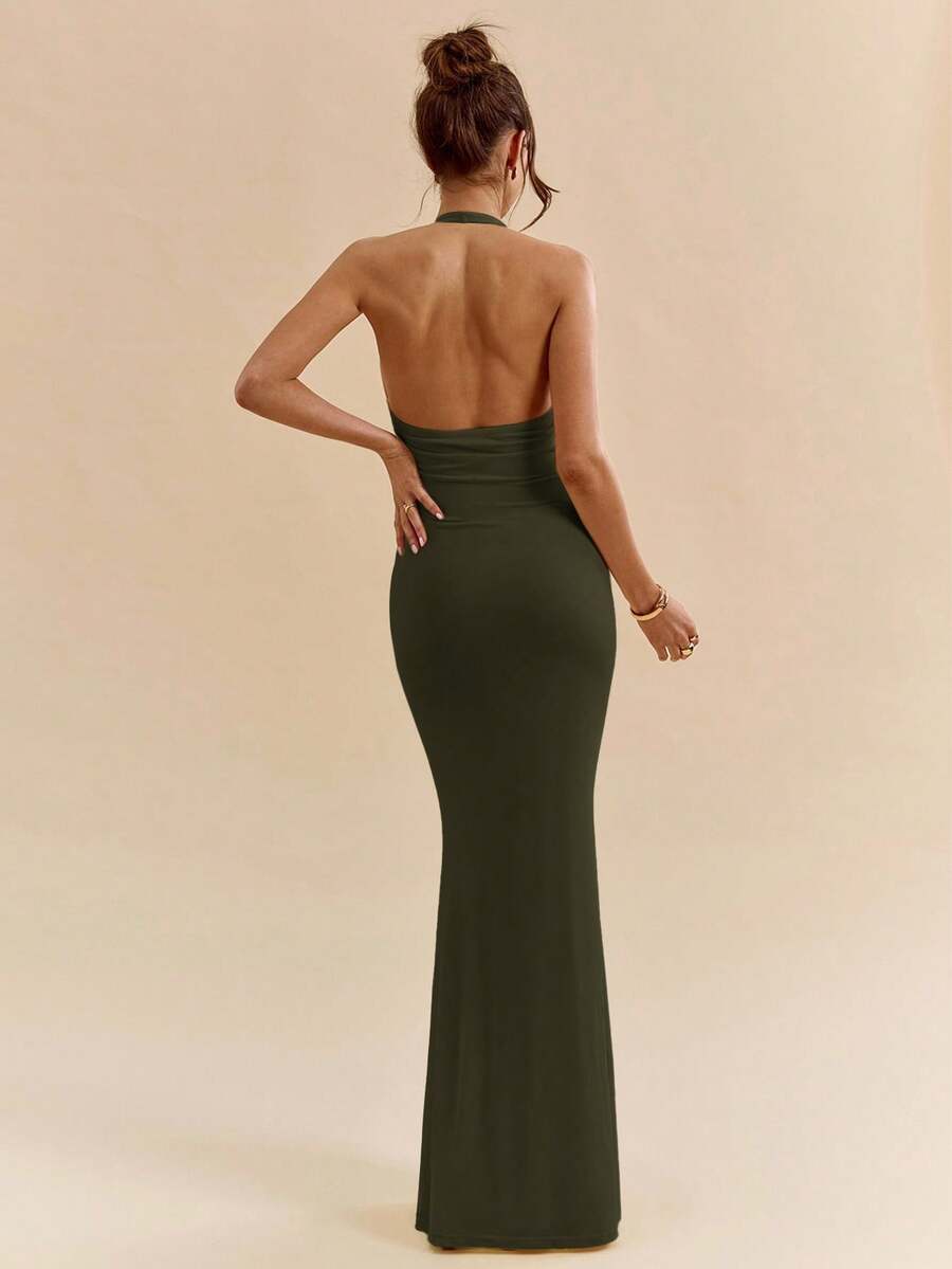 LUMÉA - Deep V Neck Halter Bodycon Maxi Dress