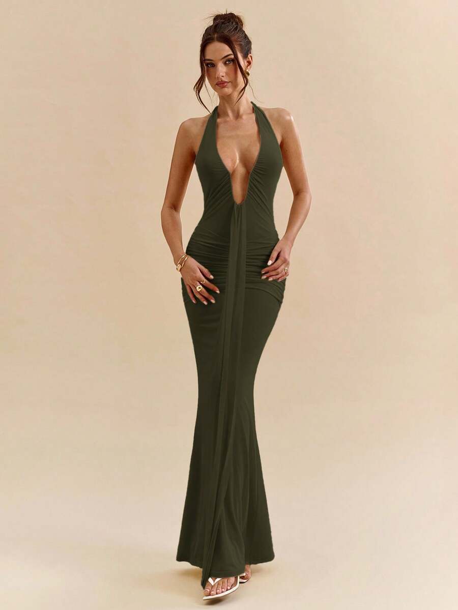 LUMÉA - Deep V Neck Halter Bodycon Maxi Dress