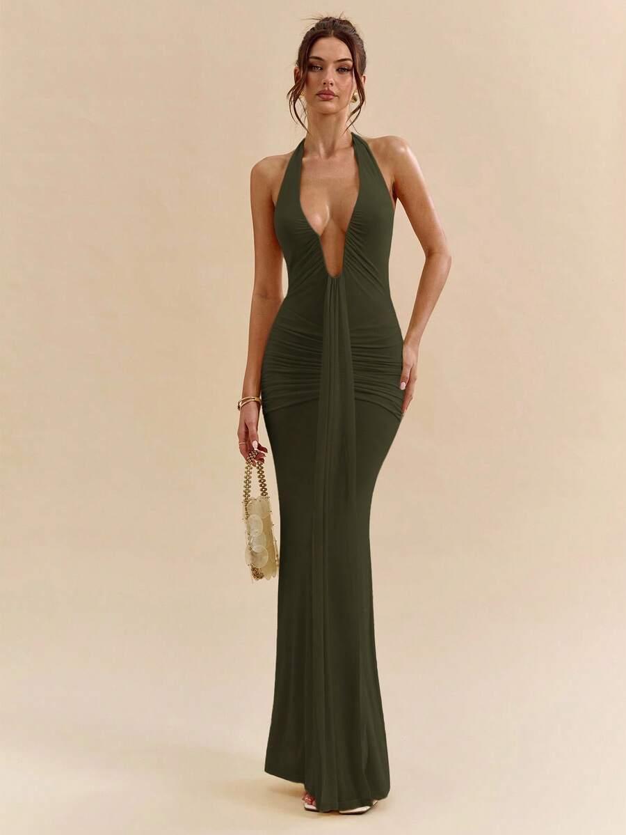 LUMÉA - Deep V Neck Halter Bodycon Maxi Dress