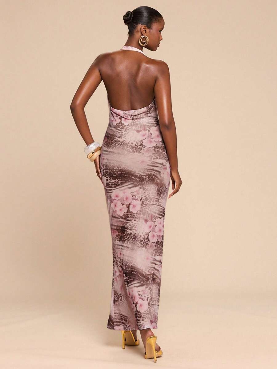LUMÉA - Deep V Neck Halter Bodycon Maxi Dress
