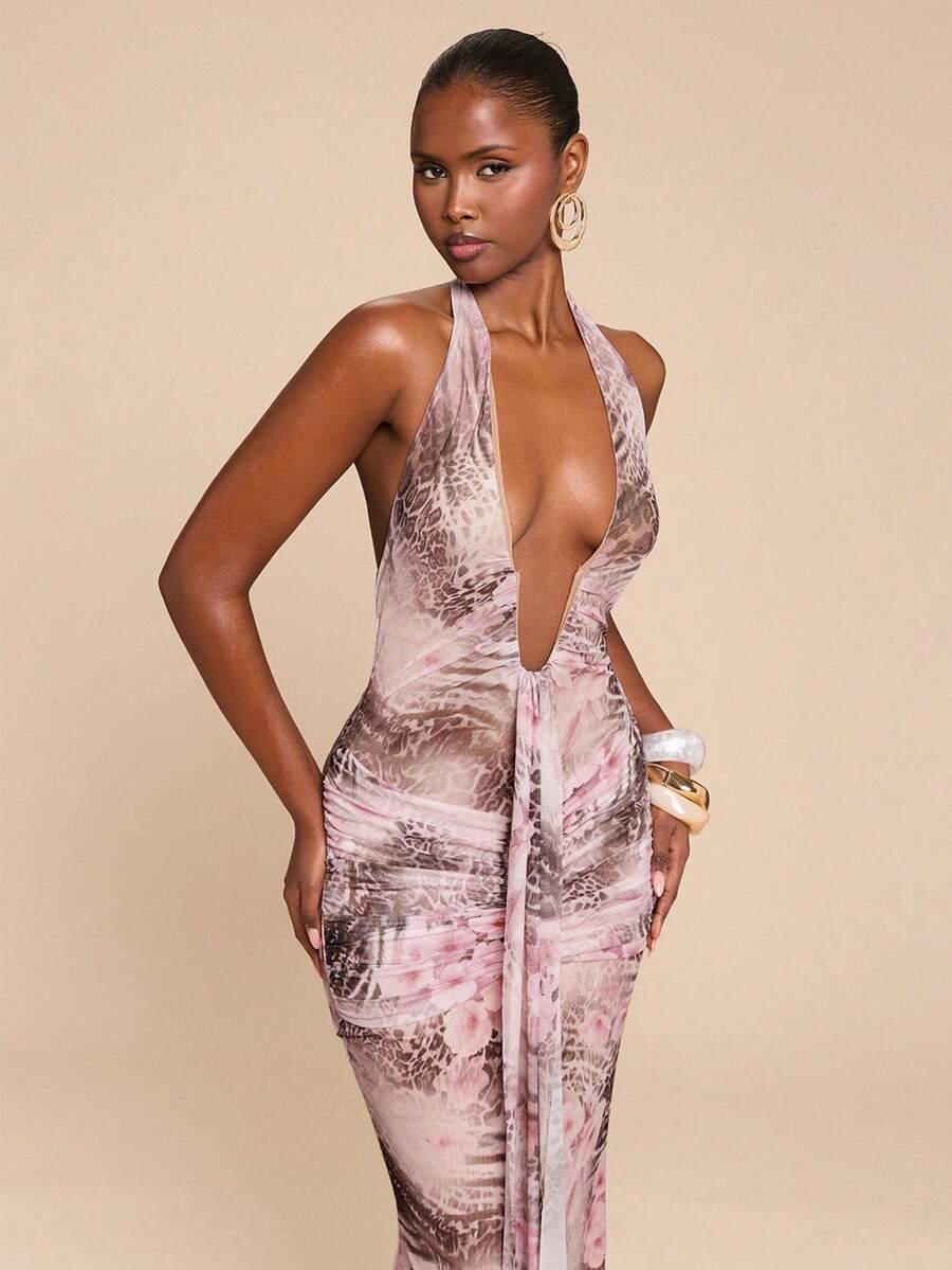 LUMÉA - Deep V Neck Halter Bodycon Maxi Dress