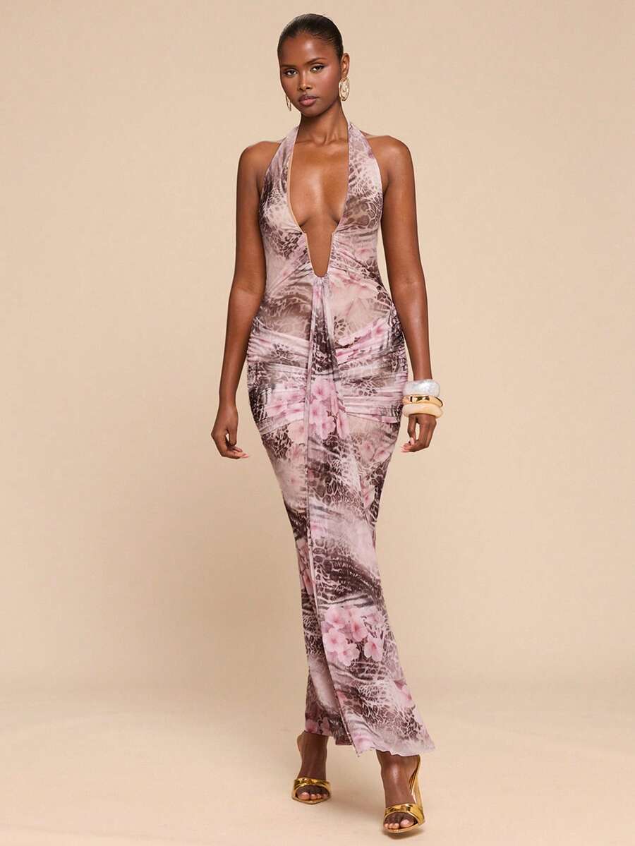LUMÉA - Deep V Neck Halter Bodycon Maxi Dress