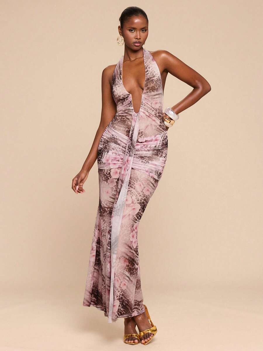 LUMÉA - Deep V Neck Halter Bodycon Maxi Dress