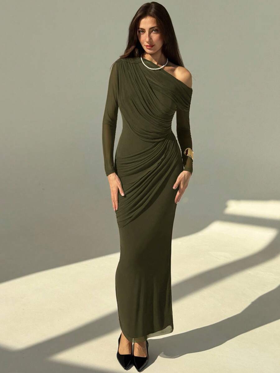 OLVRA - One Shoulder Ruched Mesh Bodycon Maxi Dress Olive Green