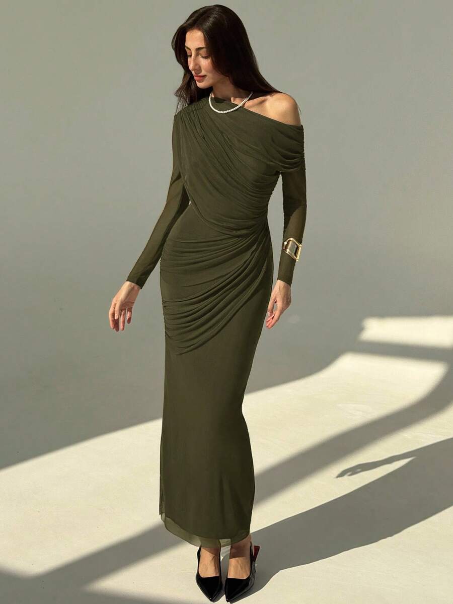OLVRA - One Shoulder Ruched Mesh Bodycon Maxi Dress