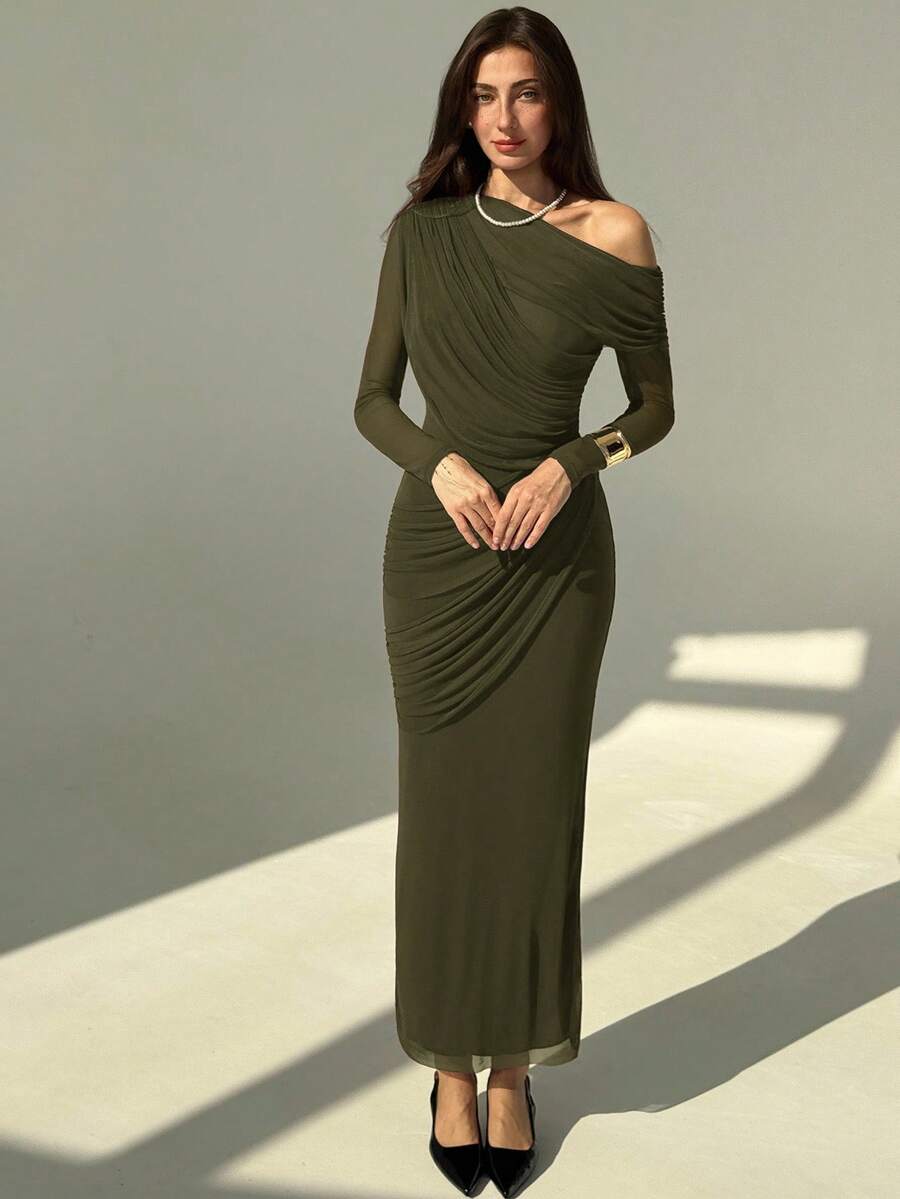OLVRA - One Shoulder Ruched Mesh Bodycon Maxi Dress