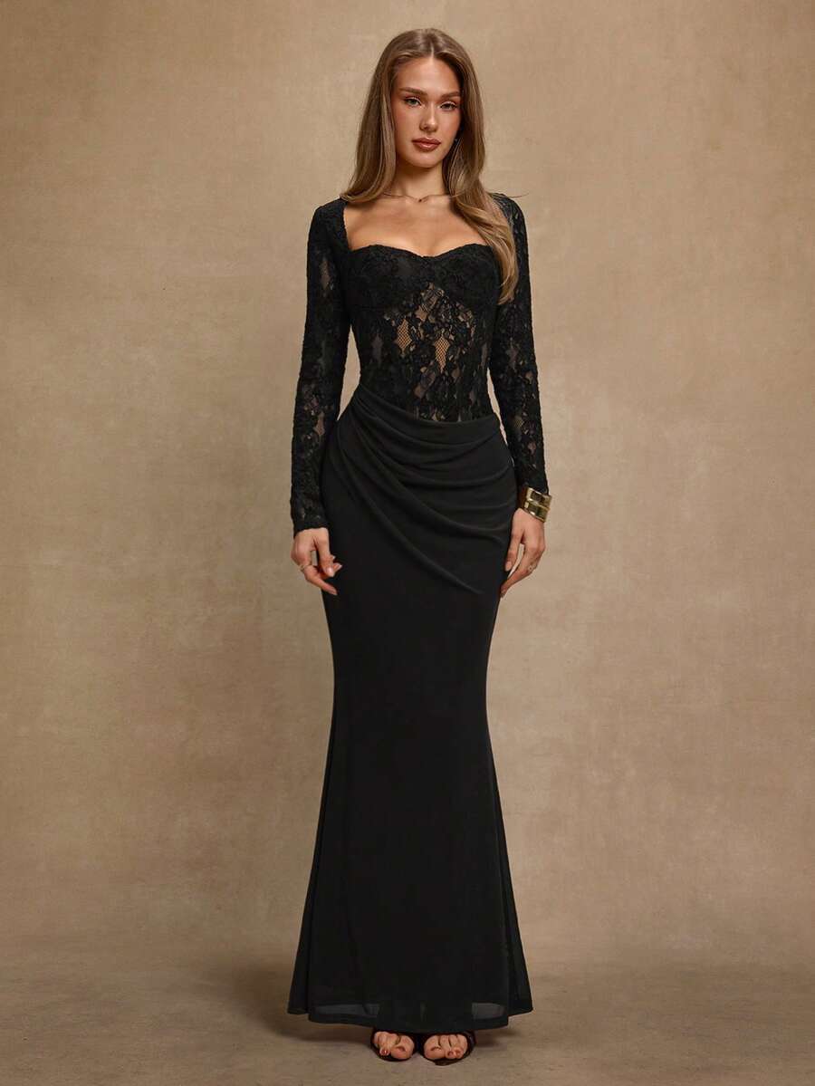 NOIRÉ LACE – Elegant Lace Bodycon Maxi Dress