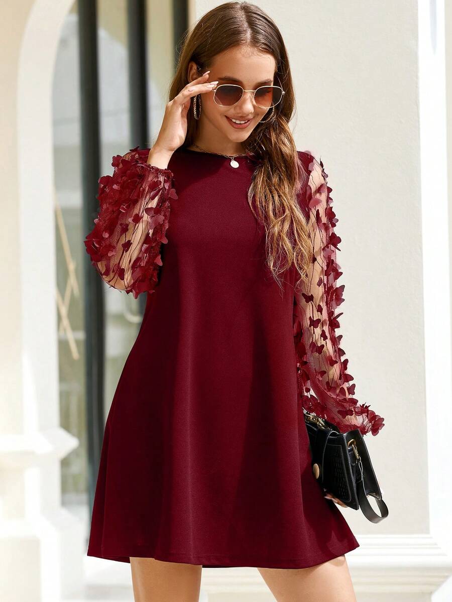 CLASI – Minimalist Sheer Sleeve Casual Dress Burgundy
