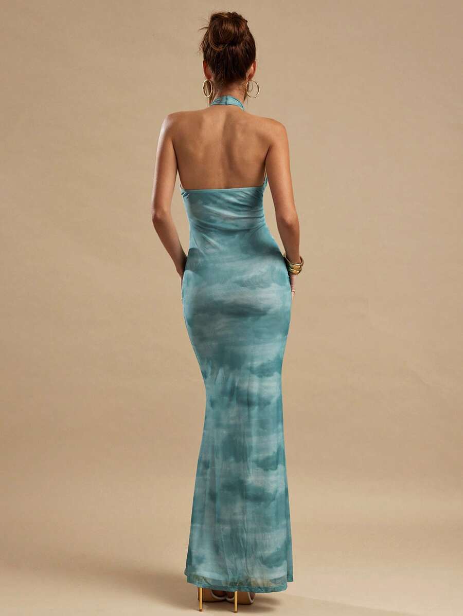 LUMÉA - Deep V Neck Halter Bodycon Maxi Dress