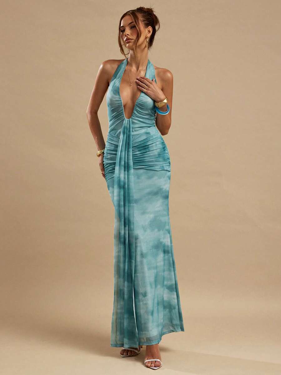 LUMÉA - Deep V Neck Halter Bodycon Maxi Dress