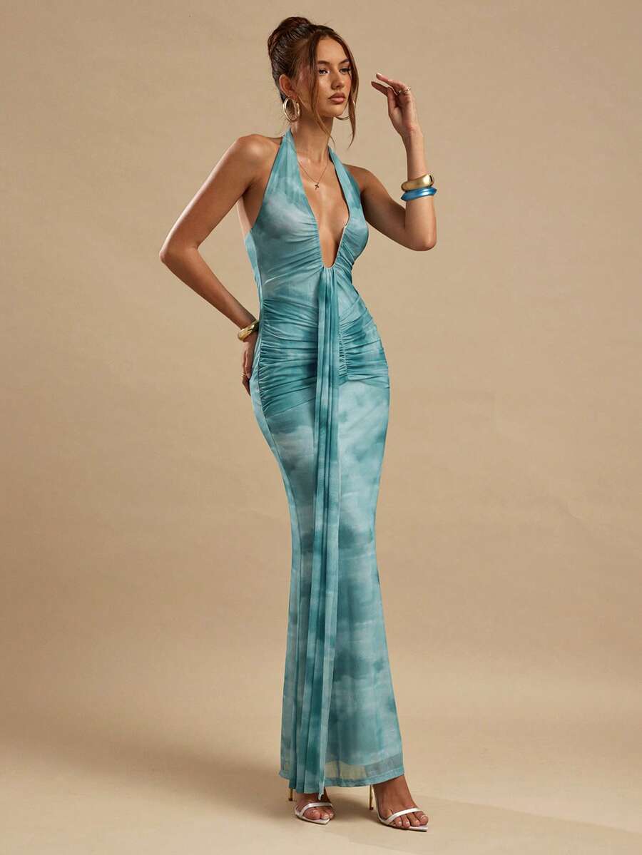 LUMÉA - Deep V Neck Halter Bodycon Maxi Dress