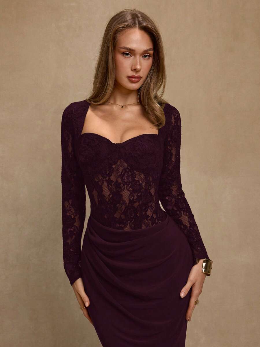 NOIRÉ LACE – Elegant Lace Bodycon Maxi Dress