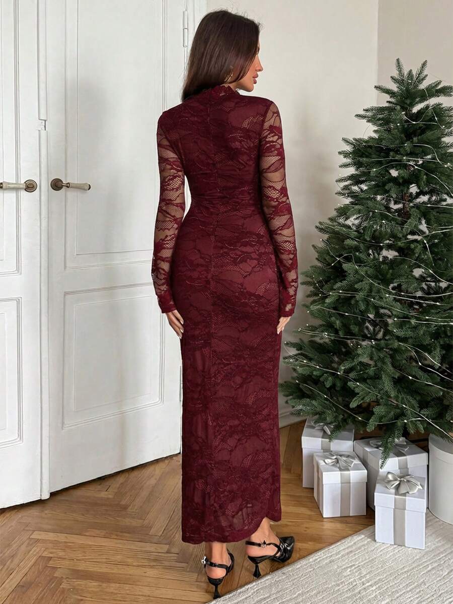 VELOURS - Long Sleeve Lace Bodycon Maxi Dress
