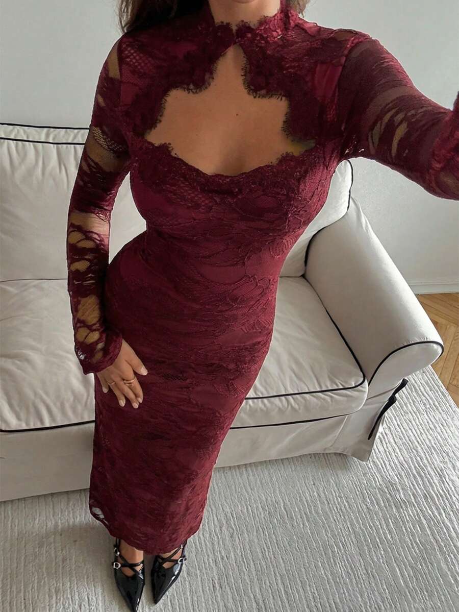 VELOURS - Long Sleeve Lace Bodycon Maxi Dress