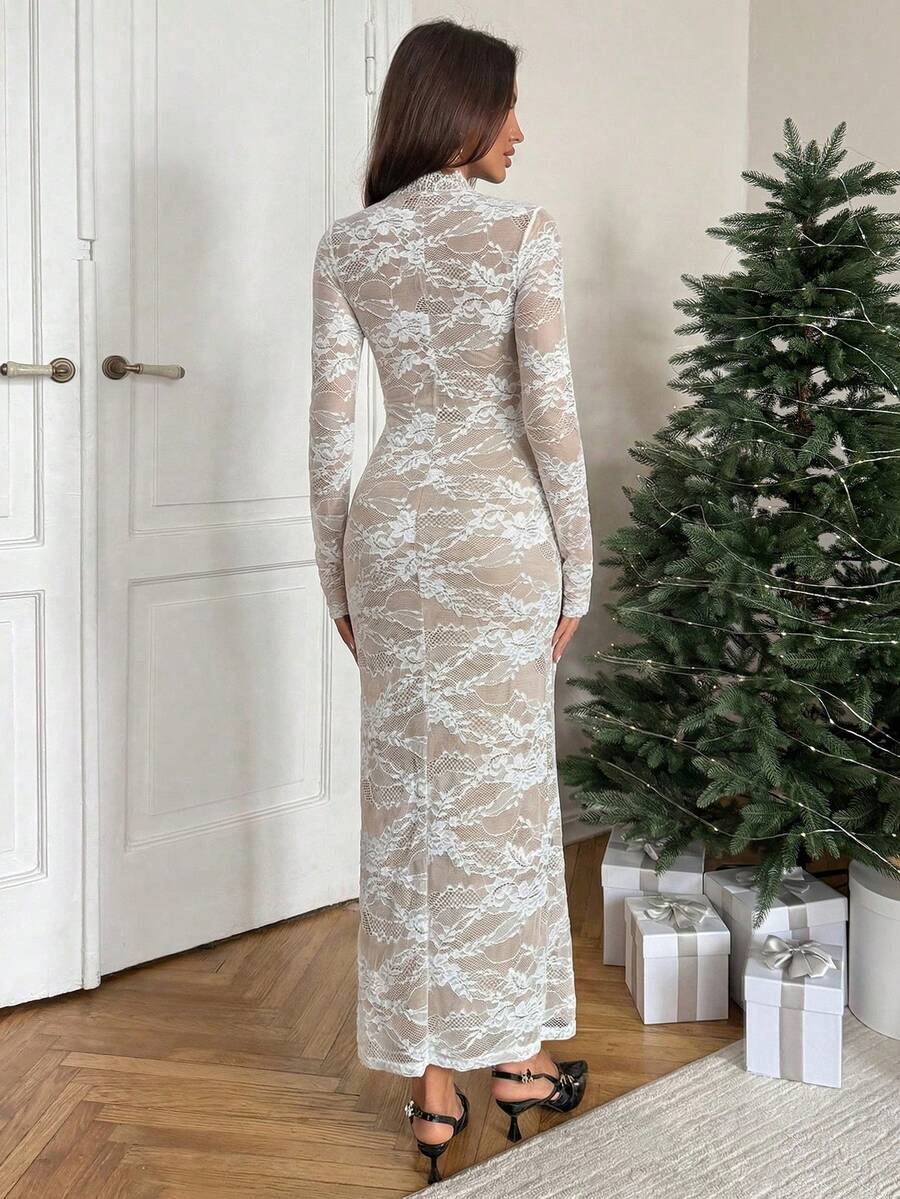 VELOURS - Long Sleeve Lace Bodycon Maxi Dress