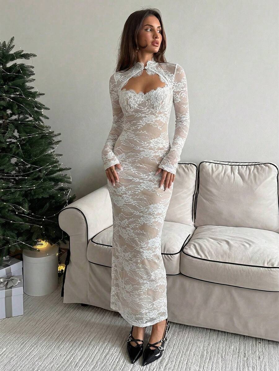 VELOURS - Long Sleeve Lace Bodycon Maxi Dress